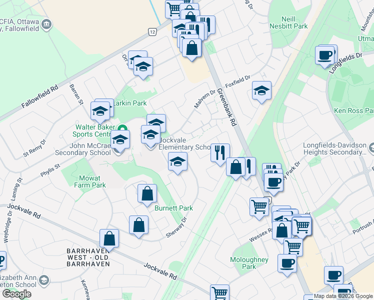 map of restaurants, bars, coffee shops, grocery stores, and more near 6 Burnetts Grove Circle in Ottawa