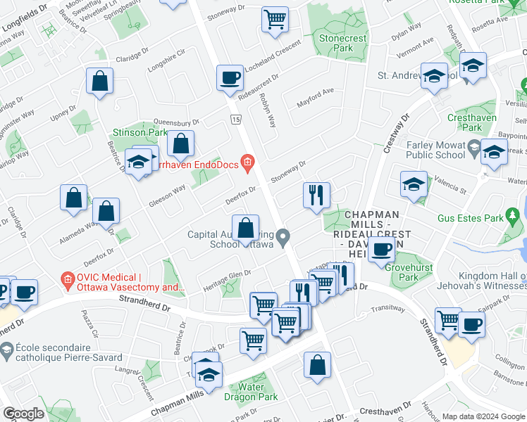 map of restaurants, bars, coffee shops, grocery stores, and more near 3162 Woodroffe Avenue in Ottawa