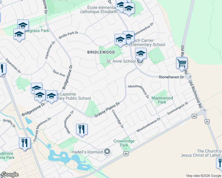 map of restaurants, bars, coffee shops, grocery stores, and more near 20 Farmfield Crescent in Ottawa