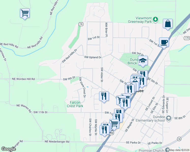 map of restaurants, bars, coffee shops, grocery stores, and more near 759 Southwest Carmen Heights Drive in Dundee
