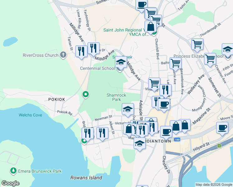 map of restaurants, bars, coffee shops, grocery stores, and more near 200 Visart Street in Saint John