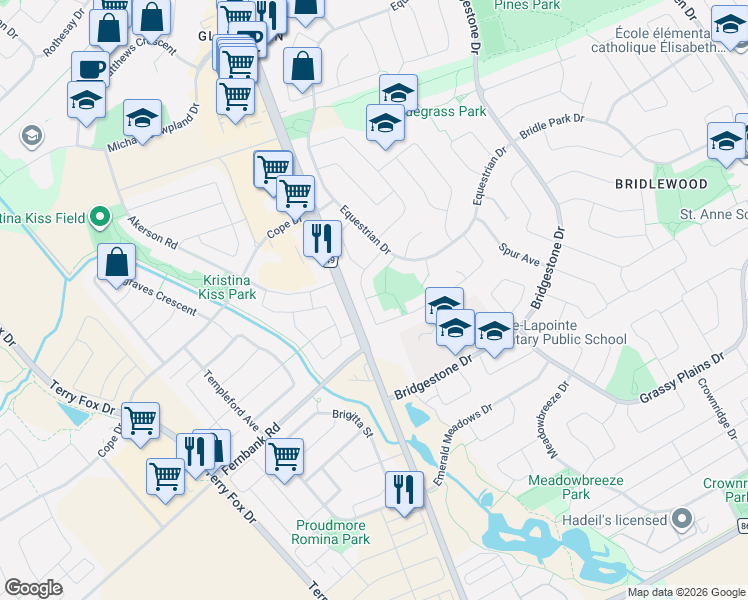 map of restaurants, bars, coffee shops, grocery stores, and more near 54 Huntsman Crescent in Ottawa