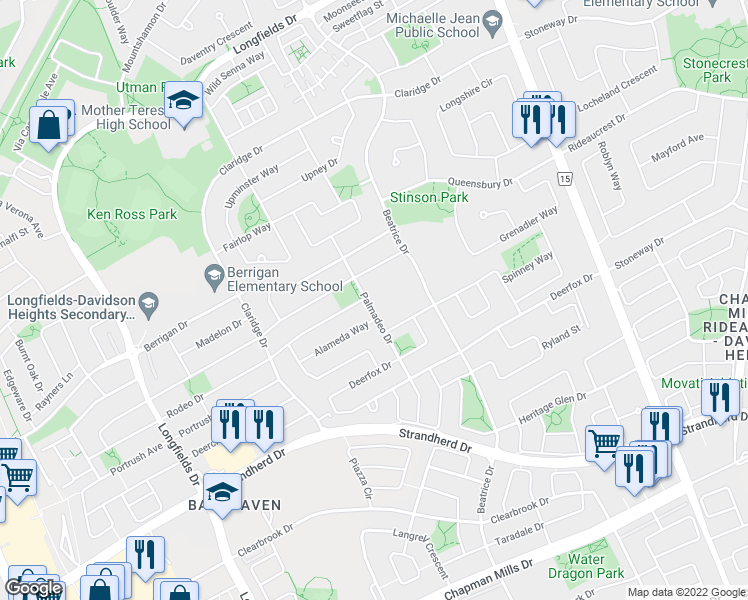 map of restaurants, bars, coffee shops, grocery stores, and more near 63 Palmadeo Drive in Ottawa