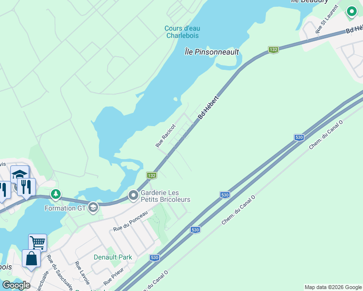 map of restaurants, bars, coffee shops, grocery stores, and more near 3940 Boulevard Hébert in Salaberry-de-Valleyfield