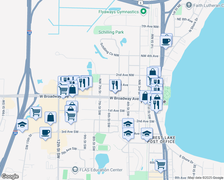 map of restaurants, bars, coffee shops, grocery stores, and more near 532 Northwest 1st Avenue in Forest Lake