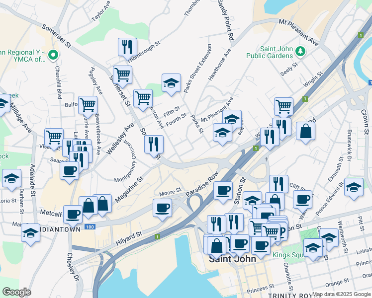 map of restaurants, bars, coffee shops, grocery stores, and more near 15 First Street in Saint John