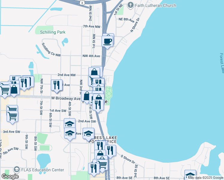 map of restaurants, bars, coffee shops, grocery stores, and more near 97 Northeast 1st Street in Forest Lake