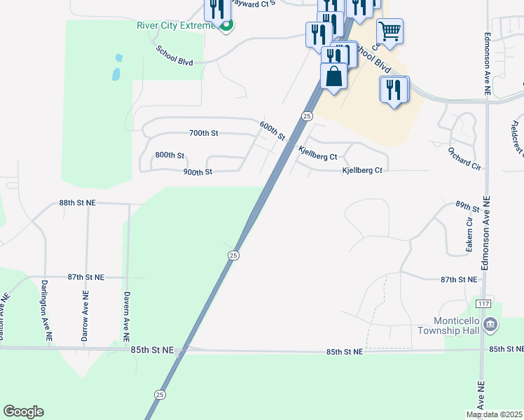 map of restaurants, bars, coffee shops, grocery stores, and more near in Monticello