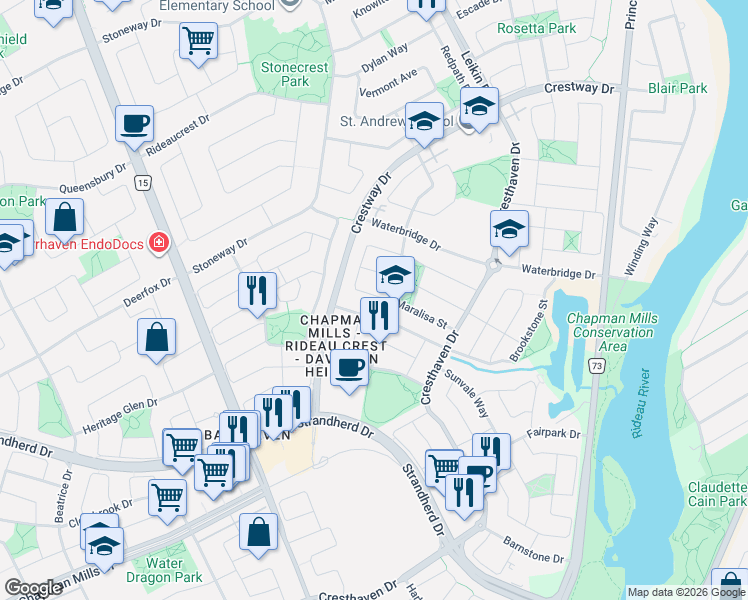 map of restaurants, bars, coffee shops, grocery stores, and more near 52 Whetstone Crescent in Ottawa
