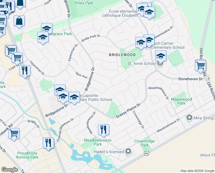 map of restaurants, bars, coffee shops, grocery stores, and more near 74 Milner Downs Crescent in Ottawa