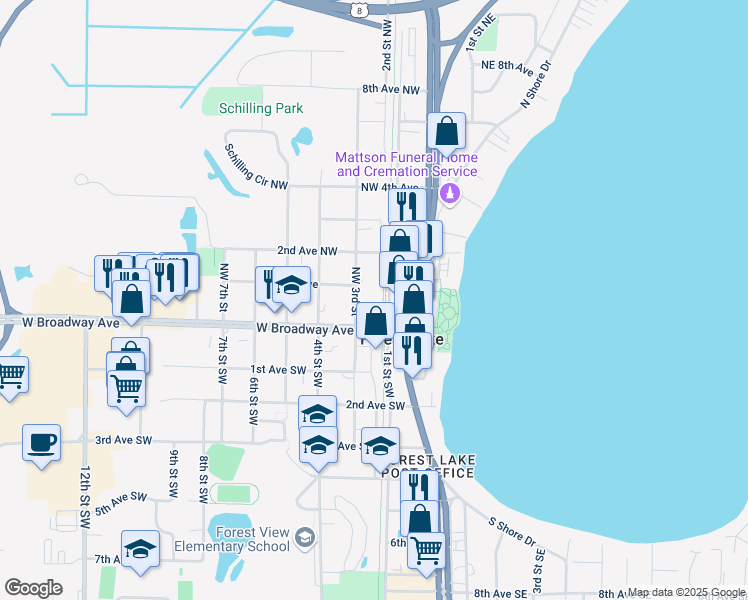 map of restaurants, bars, coffee shops, grocery stores, and more near 231 West Broadway Avenue in Forest Lake