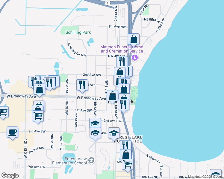 map of restaurants, bars, coffee shops, grocery stores, and more near 231 West Broadway Avenue in Forest Lake