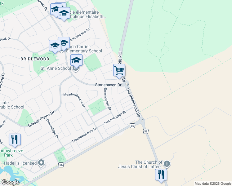 map of restaurants, bars, coffee shops, grocery stores, and more near 125 Solaris Drive in Ottawa