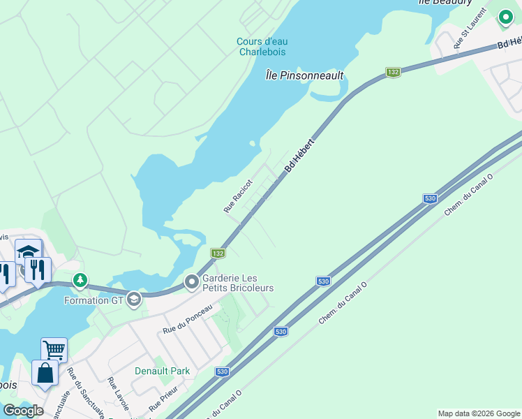 map of restaurants, bars, coffee shops, grocery stores, and more near 3930 Boulevard Hébert in Salaberry-de-Valleyfield