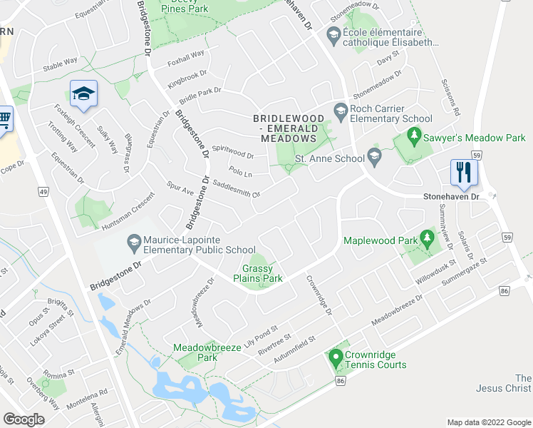 map of restaurants, bars, coffee shops, grocery stores, and more near 229 Saddlesmith Circle in Ottawa