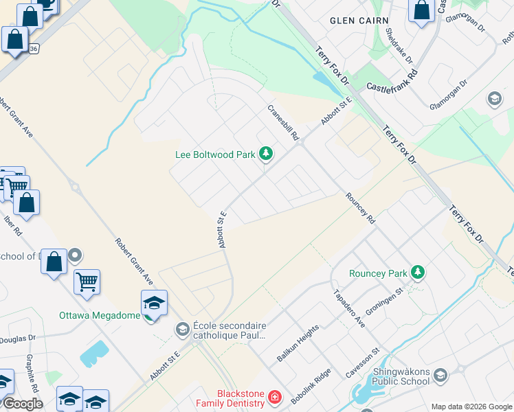 map of restaurants, bars, coffee shops, grocery stores, and more near 512 Triangle Street in Ottawa