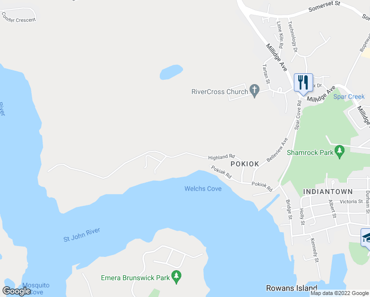 map of restaurants, bars, coffee shops, grocery stores, and more near 175 Highland Road in Saint John