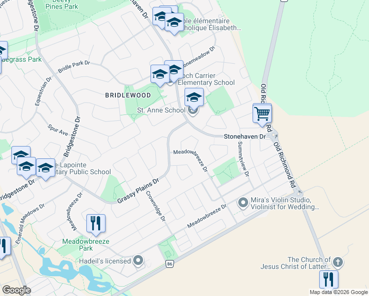 map of restaurants, bars, coffee shops, grocery stores, and more near 45 Burnstead Crescent in Ottawa