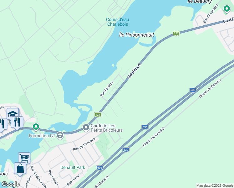 map of restaurants, bars, coffee shops, grocery stores, and more near 3930 Boulevard Hébert in Salaberry-de-Valleyfield