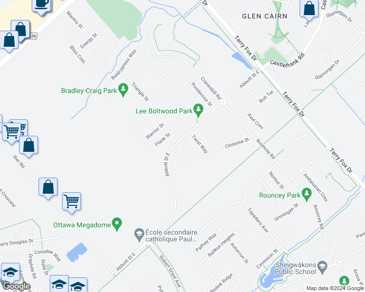 map of restaurants, bars, coffee shops, grocery stores, and more near 527 Triangle Street in Ottawa