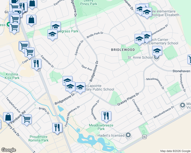 map of restaurants, bars, coffee shops, grocery stores, and more near 5 Milner Downs Crescent in Ottawa
