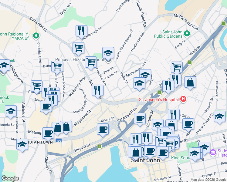 map of restaurants, bars, coffee shops, grocery stores, and more near 3 Second Street in Saint John
