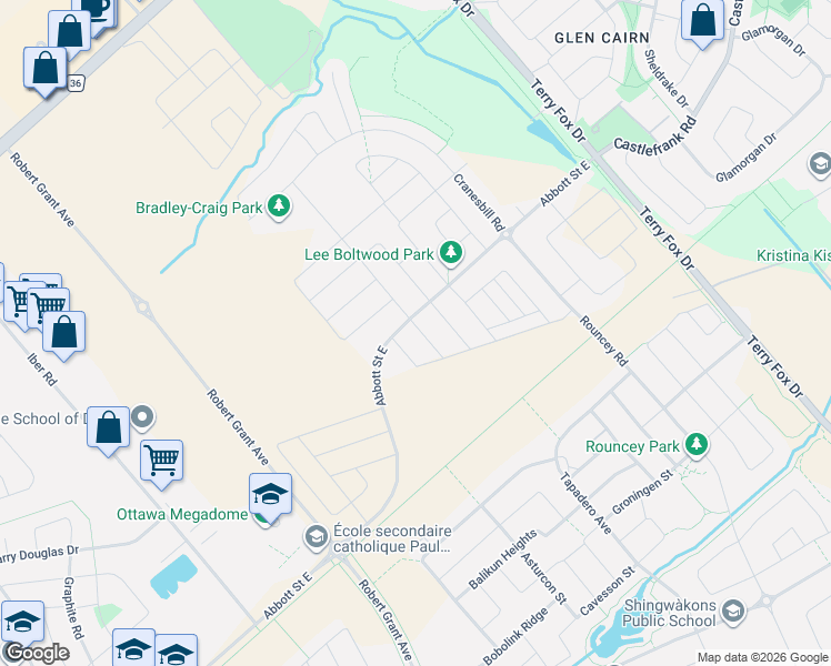 map of restaurants, bars, coffee shops, grocery stores, and more near 527 Triangle Street in Ottawa