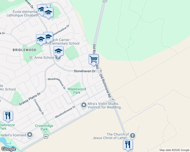 map of restaurants, bars, coffee shops, grocery stores, and more near 108 Solaris Drive in Ottawa