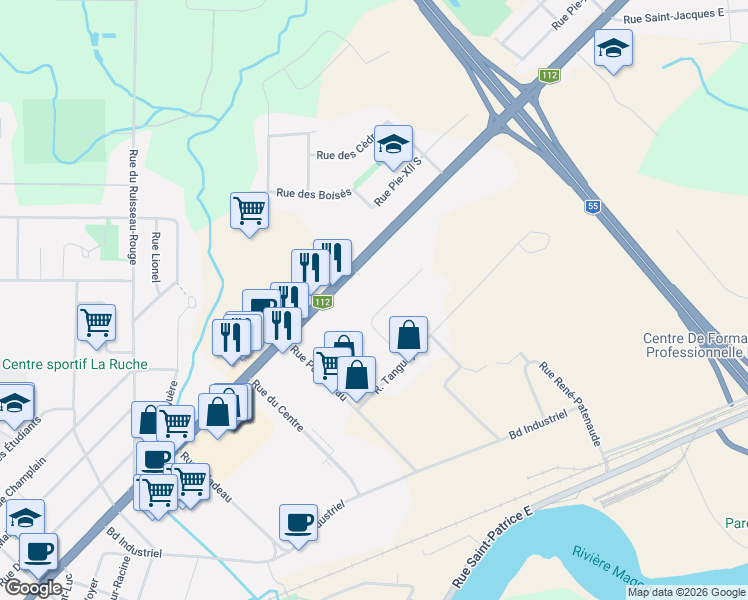 map of restaurants, bars, coffee shops, grocery stores, and more near 2083 Rue Louis-Faucher in Magog