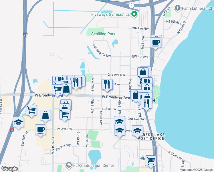 map of restaurants, bars, coffee shops, grocery stores, and more near 532 Northwest 1st Avenue in Forest Lake
