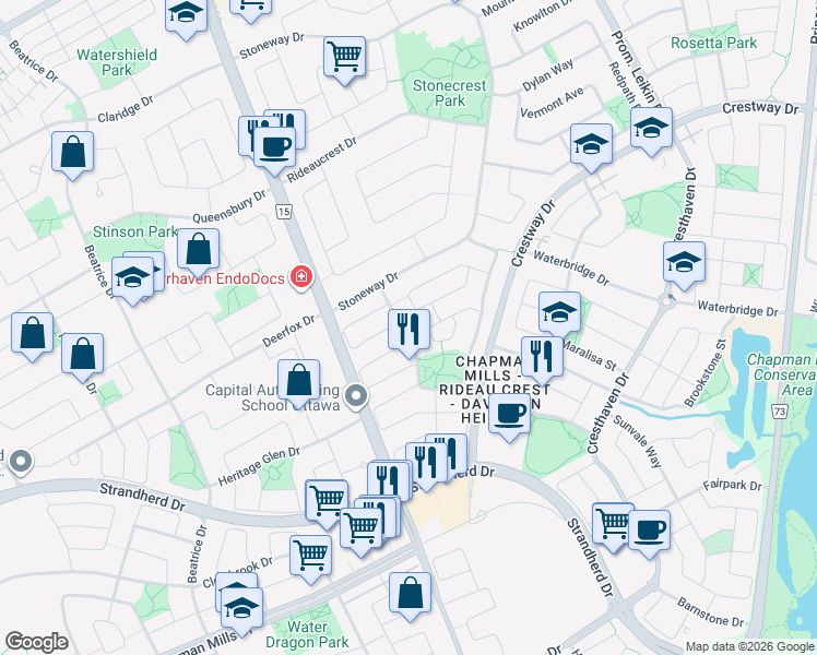 map of restaurants, bars, coffee shops, grocery stores, and more near 25 Windhurst Drive in Ottawa
