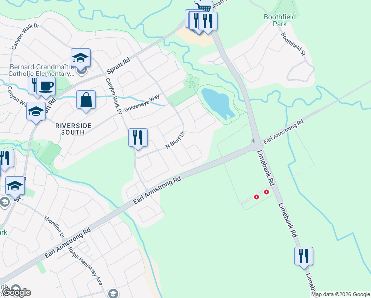 map of restaurants, bars, coffee shops, grocery stores, and more near 302 Royal Fern Way in Ottawa