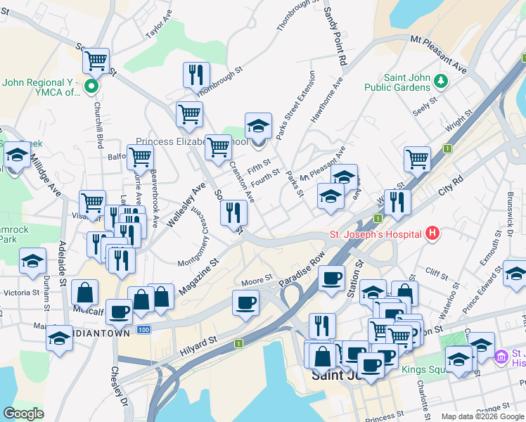 map of restaurants, bars, coffee shops, grocery stores, and more near 38 Cranston Avenue in Saint John