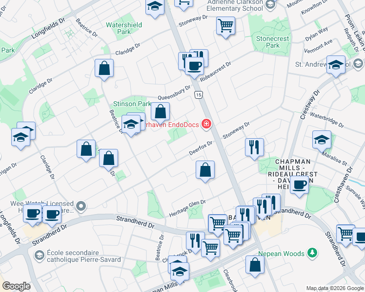 map of restaurants, bars, coffee shops, grocery stores, and more near 13 Fieldcrest Avenue in Ottawa