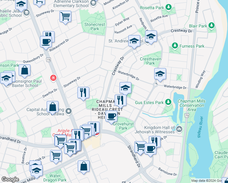 map of restaurants, bars, coffee shops, grocery stores, and more near 81 Whetstone Crescent in Ottawa
