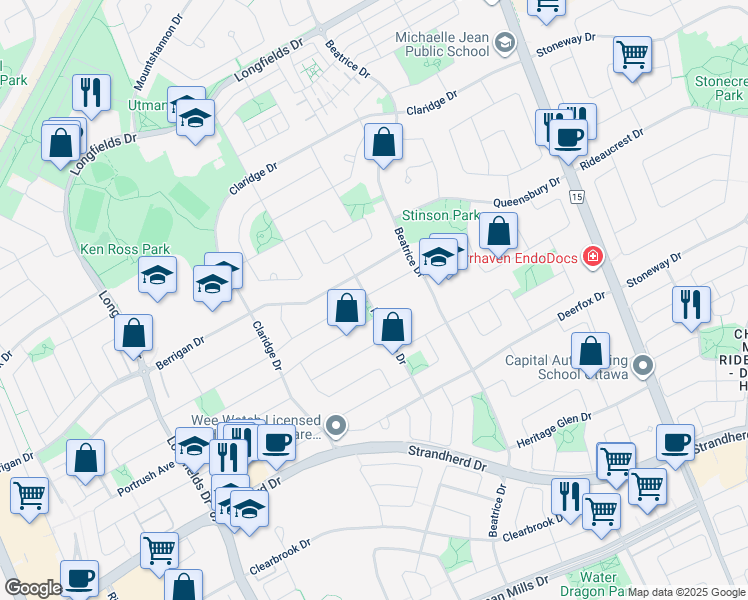map of restaurants, bars, coffee shops, grocery stores, and more near 85 Palmadeo Drive in Ottawa