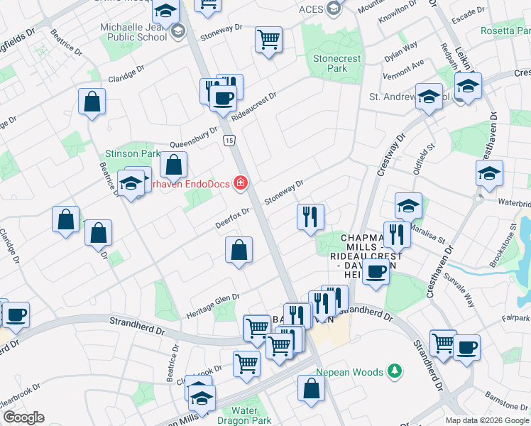 map of restaurants, bars, coffee shops, grocery stores, and more near 21 Summerwind Crescent in Ottawa