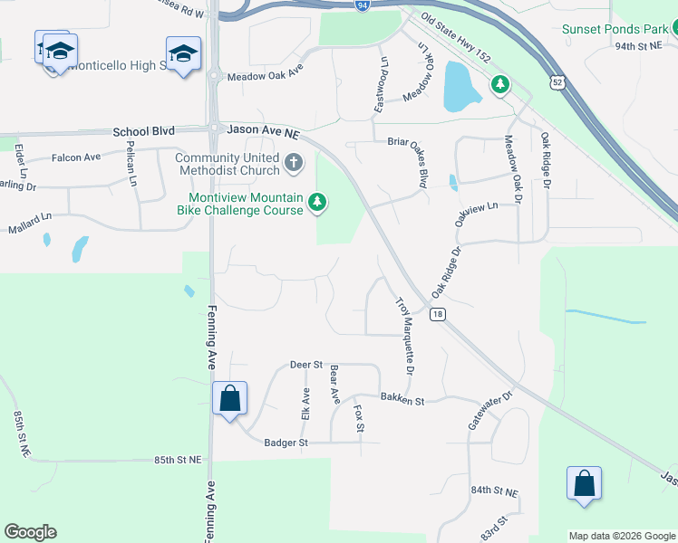 map of restaurants, bars, coffee shops, grocery stores, and more near 6100 Wildwood Way in Monticello