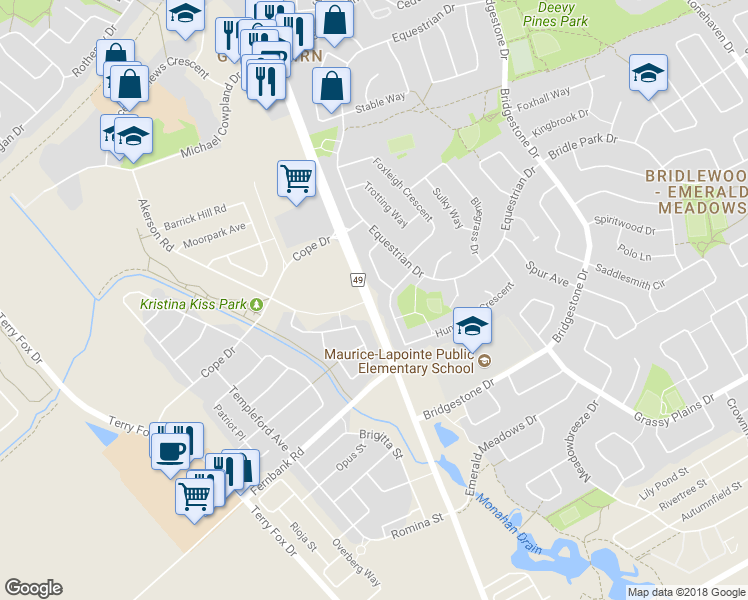 map of restaurants, bars, coffee shops, grocery stores, and more near 781 Eagleson Road in Ottawa