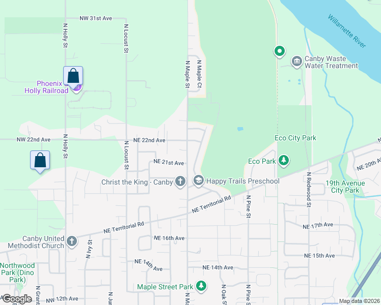 map of restaurants, bars, coffee shops, grocery stores, and more near 2140 North Maple Street in Canby