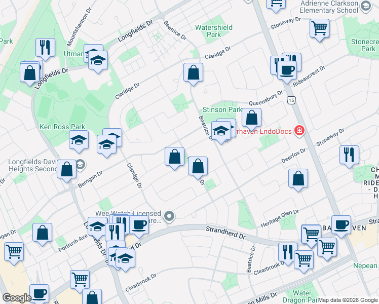 map of restaurants, bars, coffee shops, grocery stores, and more near in Ottawa