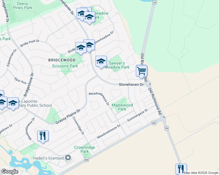 map of restaurants, bars, coffee shops, grocery stores, and more near 56 Glenrill Place in Ottawa