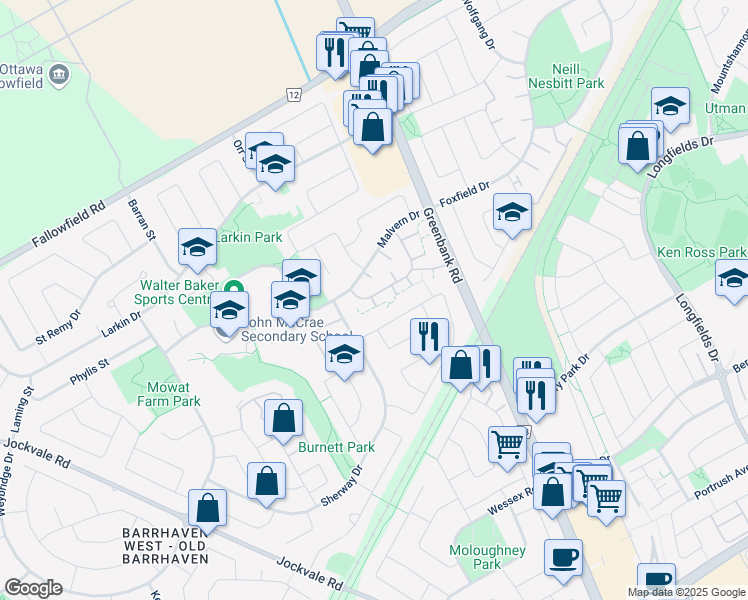 map of restaurants, bars, coffee shops, grocery stores, and more near 231 Thistledown Court in Ottawa
