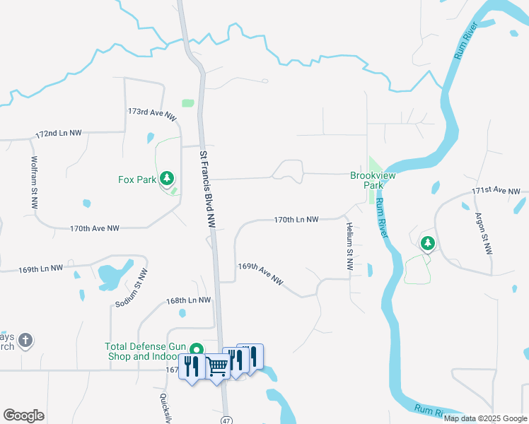 map of restaurants, bars, coffee shops, grocery stores, and more near 5801 170th Lane Northwest in Ramsey