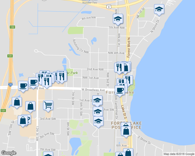 map of restaurants, bars, coffee shops, grocery stores, and more near 409 Northwest 1st Avenue in Forest Lake