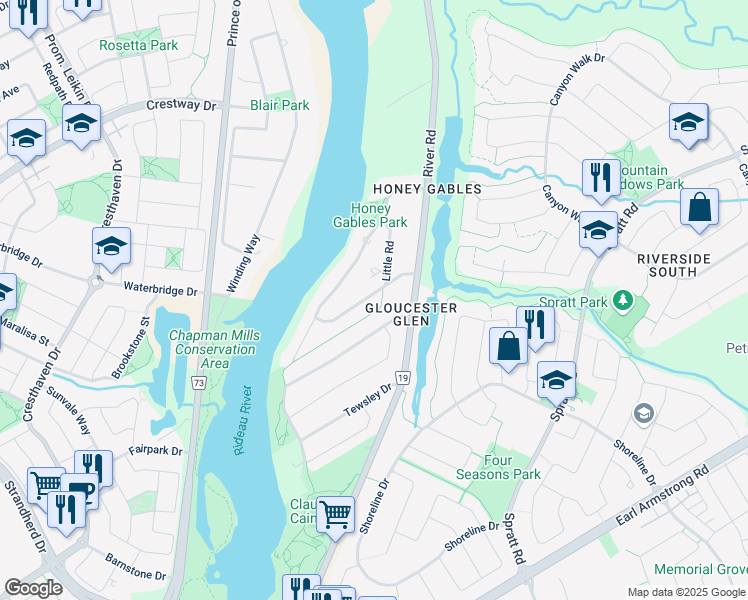 map of restaurants, bars, coffee shops, grocery stores, and more near 14 Honey Gables Drive in Ottawa