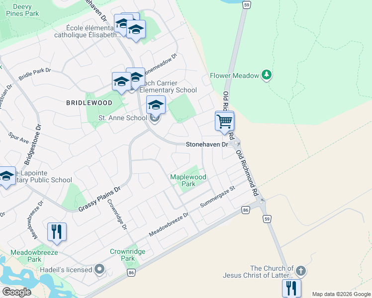 map of restaurants, bars, coffee shops, grocery stores, and more near 42 Glenrill Place in Ottawa