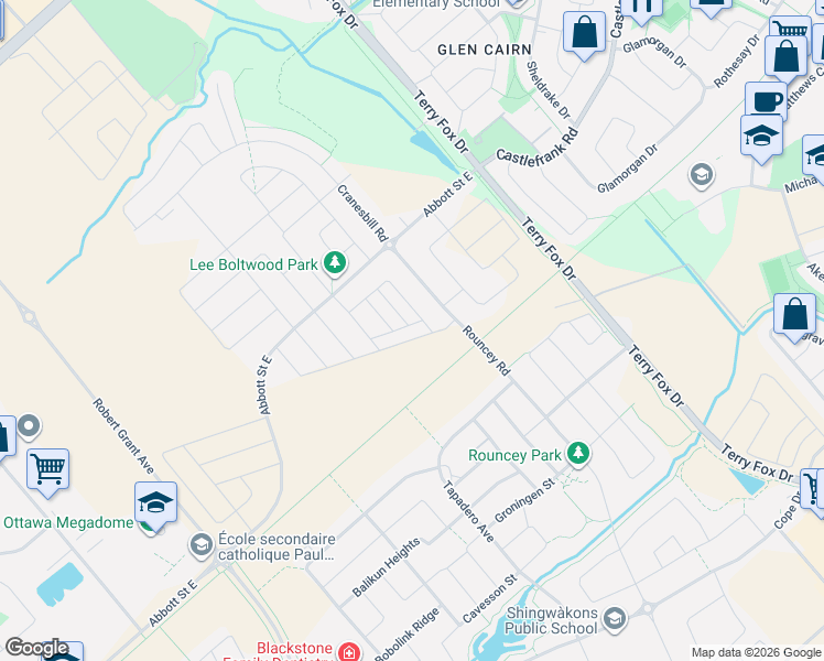 map of restaurants, bars, coffee shops, grocery stores, and more near 88 Feathertop Lane in Ottawa