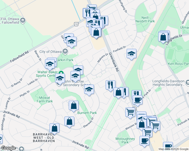 map of restaurants, bars, coffee shops, grocery stores, and more near 207 Thistledown Court in Ottawa