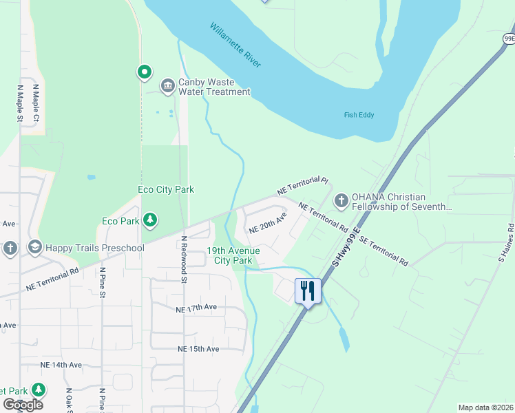 map of restaurants, bars, coffee shops, grocery stores, and more near 1850 Northeast 21st Avenue in Canby